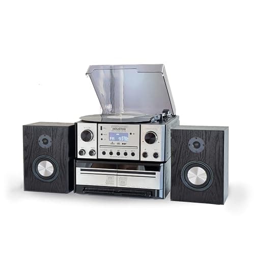 Image of Steepletone HOUSTON Silver 6 in 1 Music Centre, Bluetooth Vinyl Record Player, Turntable with CD, Cassette, DAB+ / FM Radio, USB MP3 playback & Encoding, Remote Control, WIRELESS Stereo Speakers