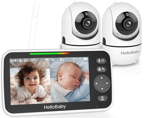 Image of HelloBaby Baby Monitor with 2 Cameras and Night Vision, 5'' Split Screen Dual Baby Monitor with 30-Hour Battery, Pan-Tilt-Zoom Video Baby Monitors, No WiFi, ECO, 2-Way Audio, 8 Lullabies, 1000ft Range