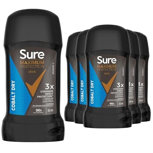 Image of Sure Men Maximum Protection Cobalt Dry 50ml, 6 Pack - Clinical Strength Anti-Perspirant Cream Stick for 96H Sweat Protection, Dermatologically Tested Formula