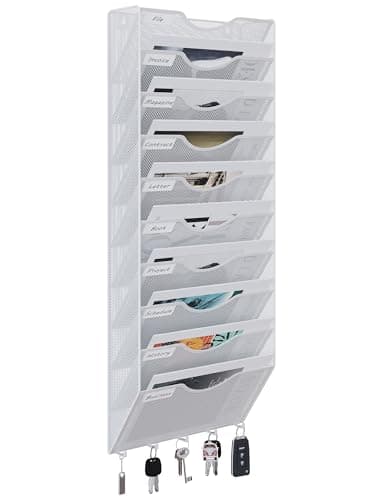 Image of EasyPAG Metal 10 Tier A4 Wall Mounted Document Holder,Hanging Wall File Organiser,Pigeon Holes Storage,Filing Tray,Wall Pocket,Magazine Rack with 5 Hooks for Office & Home,White