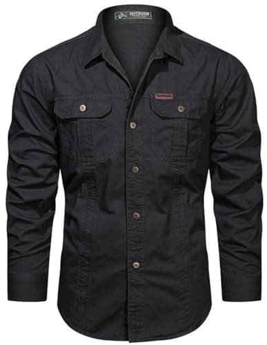 Image of PADOLA Men's Shirt Military Cargo Style Tactical Long Sleeve Shirts for Men UK Button Down Outdoor Hiking Overshirts(L,Black)
