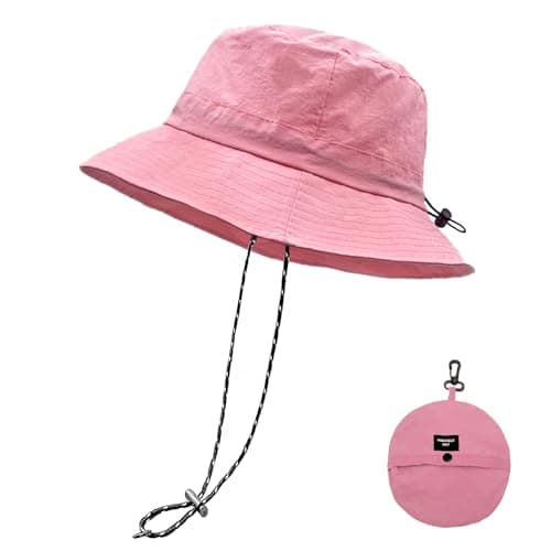 Image of lifwimner Sun Hat for Women Men Foldable Waterproof Bucket Rain Hat with Chin Strap Quick Dry Boonie Fishing Hiking Camping Cap (Pink)