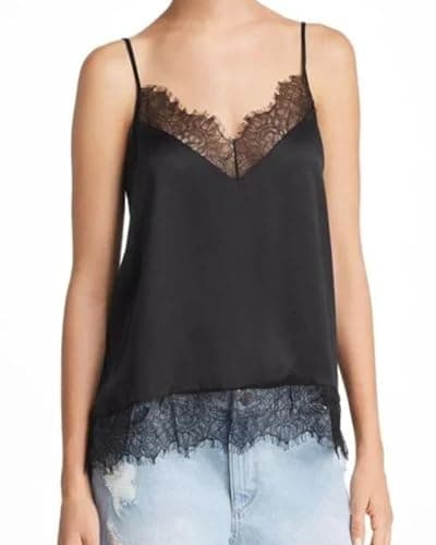 Image of Women Y2k Satin Lace Trim Satin Camisole Tank Tops V Neck Sleeveless Spaghetti Strap Blouses Streetwear (A-Black, L)