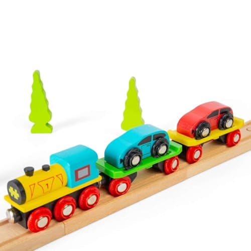 Image of Bigjigs Rail Car Loader Train | Toy Transporter for Cars | Accessories for Kids' Wooden Railway| Engine & Carriage Set with Magnetic Couplings, Wood Track & Ramp | Gifts for 3+ Year Old Children