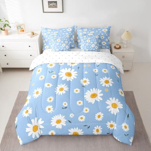 Image of Manfei 7 Pieces Daisy Comforter Set Twin Size, White Daisy Flower Bedding Set for Kids Girls Room Decor, Botanical Floral Print Bed in a Bag with Comforter, Fitted Sheet, Flat Sheet and Pillowcases