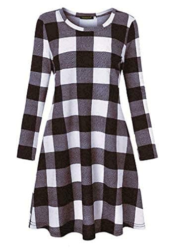Image of Colop Women Long Sleeve Print Swing Dress Flared A Line Skater Dress Top Size 8-26 (Big Box White Tartan, 12-14)