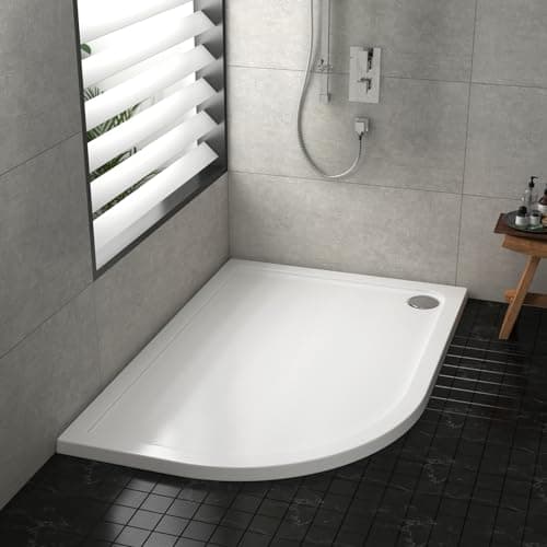 Image of Bathroom 1000 x 900mm Shower Tray Gloss White Slimline 40mm Stone Resin Left Handed Offset Base with Free Waste Trap Kit