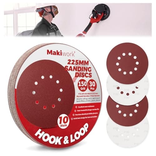 Image of Makiwork 30PCS 225mm 10-Hole 150 Grit Hook & Loop Sanding Discs – Heavy-Duty Aluminum Oxide Sandpaper for Drywall Sander, Paint Removal, Wood & Metal Surface Prep