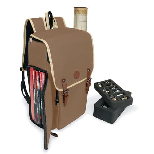 Image of ENHANCE Designer Edition DnD Backpack - Stylish RPG Backpack for Dungeons and Dragons - Travel DnD Bag fits 4 Books and Binder with Miniature Storage, Map Holder, Comfortable Shoulder Straps (Tan)