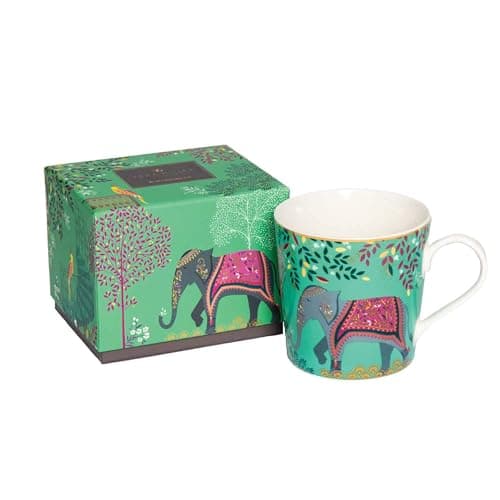 Image of Portmeirion x Sara Miller London Elephant's Oasis Coffee Mug with Handle - India Collection, Elegant and Sophisticated with 22 Carat Gold Detailed, Light Jade Green, 344ml