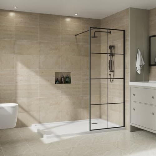 Image of NRG 900 x 1950mm Bathroom Wet Room Screen Panel 8mm Black Grid Easy Clean Glass Black Framed Walk in Shower Enclosure