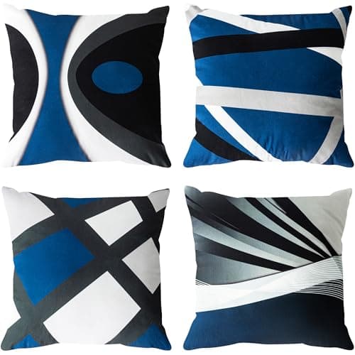 Image of YUMYDG Set of 4 Cushion Covers 45 x 45cm Modern Dark Blue Abstract Black Grey Stripes Gray White Acrylic Bold Decorative Pillow Cases Home Decor Square Cushion Cover 18x18 Inches
