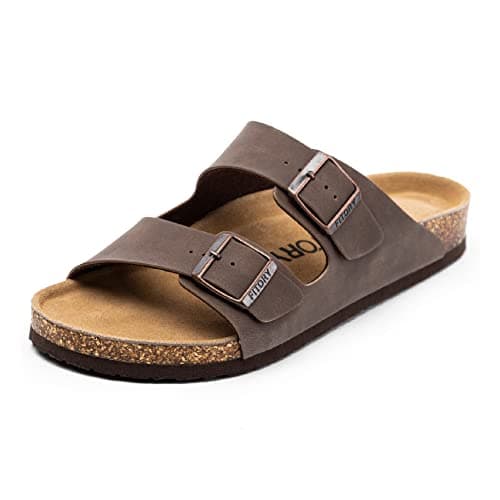Image of FITORY Mens Sandals, Arch Support Slides with Adjustable Buckle Straps and Cork Footbed for Summer Brownish Yellow Size 9.5