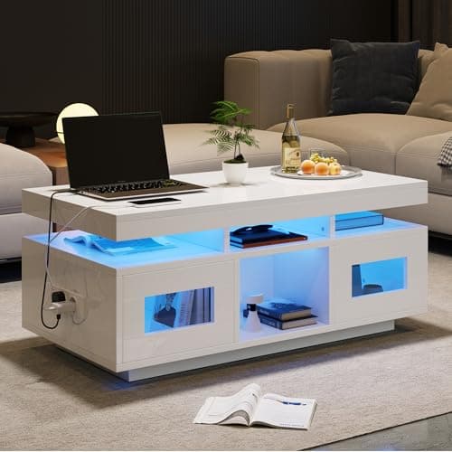 Image of Coolfish High Gloss Coffee Table w/LED Lights, USB Ports Sockets, Centre Table w/ 2 Doors, Sofa Side Table, Space-saving End Table, Tea Table, Particleboard 100 x 50 x 43 cm White
