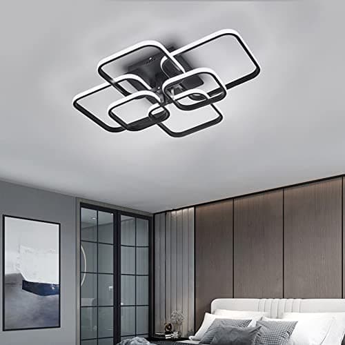 Image of XEMQENER Modern LED Ceiling Light with 6 Squares, 102W Flush Mount Pendant Light, Black Acrylic Chandelier for Living Room Bedroom Dining Room, 6000K Cool White Light Only(NO REMOTE)