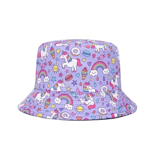 Image of QKURT Kids Sun Hat, Children Sun Protection Bucket Hat Reversible Beach Cap Fishing Hats Summer Fisherman Hats with Unicorn for Outdoor Play for Girls 2-8 Years Old Purple