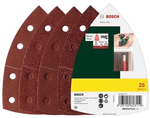 Image of Bosch 25 pcs. Sanding Sheet Set (for Wood, Body Fillers, Paint, Varnish, Grit 40/80/120/180, 11 Holes, 102 x 62.93 mm, Accessories for Multi-Sanders)