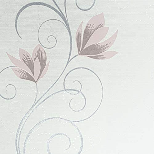 Image of White Grey Blush Pink Floral Flower Textured Vinyl Swirl Wave Glitter Wallpaper