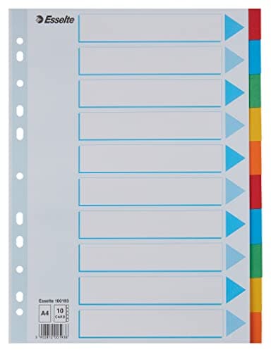 Image of Esselte A4 Card File Dividers. 10 Parts Coloured Folder Dividers with identification front sheet, for Ring Binders and Lever Arch Files. Made from durable, recycled card