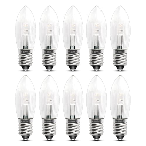 Image of Akynite E10 0.2W LED Candle Arch Bridge Bulbs AC 8-55V, Christmas Spare Bulbs Dimmable, Candle Replacement Light Bulbs, Warm White 2200K Mini Screw E10 LED Candlestick Fairy Lights, 10pcs