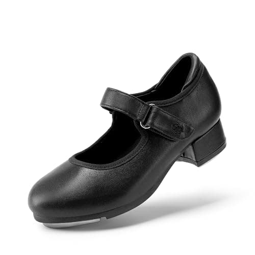 Image of DREAM PAIRS Girls Tap Shoes Easy Strap Dance Shoes Girls Mary Jane Flats for Toddler/Little Kid/Big Kid,Size 3 Big Kid,Black-Pu-1,SDDS2401K