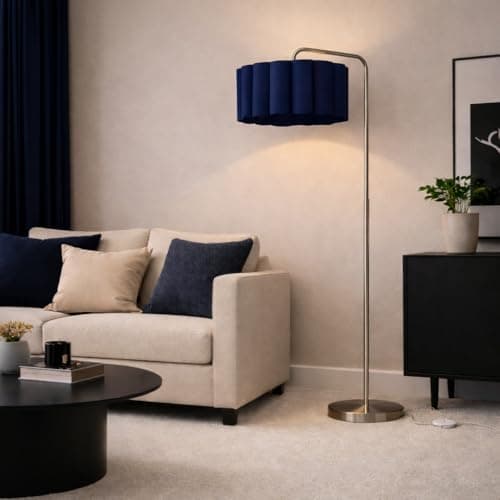 Image of CGC Lighting Indoor Floor Lamp Brushed Satin Nickel Angled Corner Standing Reading Light and Lampshade Living Room Lounge (Navy Lampshade)