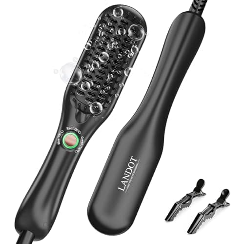 Image of LANDOT Mini Hair Straightener Brush - Ionic Heated Straightening Brush for Frizz-Free & Smooth Styling, Compact Lightweight Dual Voltage Travel Flat Iron Comb for Medium Hair, Black