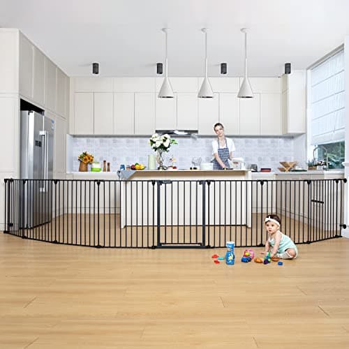 Image of COMOMY 503cm Baby Gate Extra Wide Tall Stair Safety Gates for Pets & Kids, 8 Panels Foldable Baby Fence Metal Dog Barrier, Hardware Mount, 76cm Height (Black)