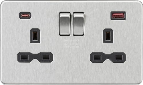 Image of Knightsbridge 13A 2G DP Switched Socket with Dual USB A+C [45W FASTCHARGE] - Brushed Chrome with black insert
