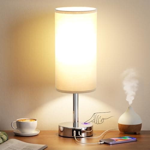 Image of Aooshine Bedside Lamps, Table Lamp with 2 USB Charging Ports & 3-Way Dimmable Touch Control, Touch Lamps Bedside with Grey Shade, Small Lamp with for Bedroom/Living Room/Study(Bulb Included)