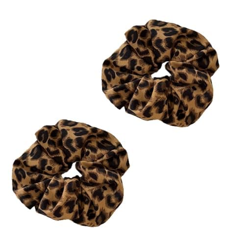 Image of 2 Pack Leopard Print Scrunchies, Soft Satin Hair Ties for Women, High Elasticity No Damage Ponytail Holders, Fashionable Animal Print Scrunchies for Daily Use and Parties