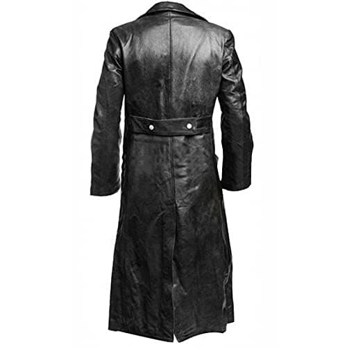 Image of Long Trench Coat Men Waterproof Classic Faux Leather Biker Jacket Full Length Solid Color Faux Leather Steampunk Coats Slim Fit Motorcycle Jackets
