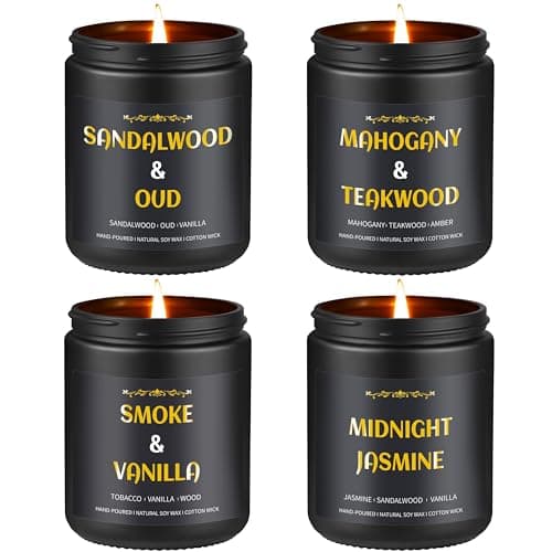 Image of Scented Candles for Men, 4 Pack Mens Candle Set, 27oz Soy Wax, 200 Hour Burn Time, Relaxation Gifts for Men, Sandalwood Oud/Mahogany Teakwood/Smoke Vanilla/Jasmine Candle Gift Set