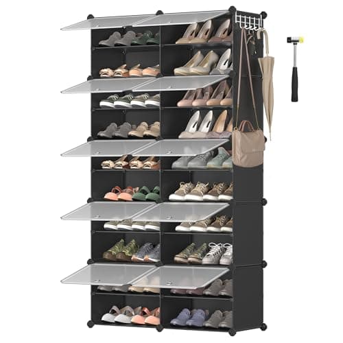 Image of SONGMICS Interlocking Shoe Rack, Plastic Shoe Storage Cabinet, 10-Slot Modular Storage Organiser Unit, 30 x 40 x 30 cm for Each Slot, with Doors, Steel Frame, Plastic Panels, Black LPC035B01