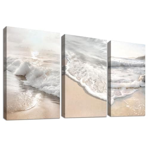 Image of Set of 3 Wooden Framed Beach Sunrise Seascape Canvas Wall Art Minimalist Ocean Waves Painting on Canvas Prints Sand Coastal Landscape Pictures for Living Room Bedroom Hallway Wall Decor 30x40cm x3pcs