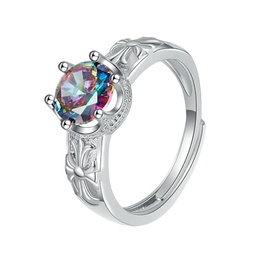 Image of Sumpgle Round Holographic Cubic Zirconia Ring for Women Vintage Antique Design Adjustable Size Jewelry for Daily Wear