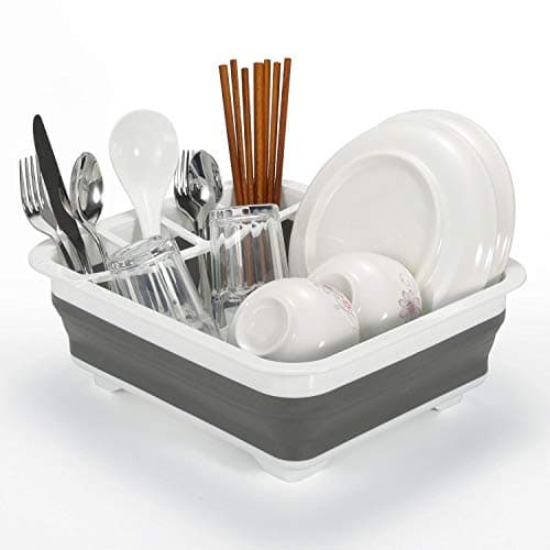 Image of Vinsani Dish Drainer Collapsible Portable Folding Cutlery Plate Holder Drying Kitchen Non-Scratch Space Saver Draining Sink Rack Ideal for Home, Camping and Travelling - White & Grey