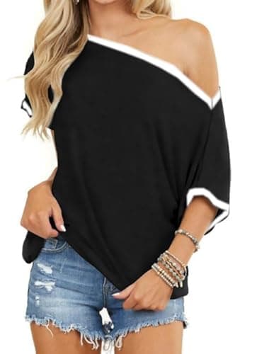 Image of LACOZY Womens Short Sleeve Shirts Off The Shoulder Tops Summer Wide Neck Tunic Tops Blouses Batwing Sleeves Black L