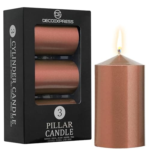 Image of DECO EXPRESS Pillar Candles Set, Pack of 3 Unscented Large Candles, Valentine’s & Mother’s Day Decor (Metallic Copper, 3 Pack)