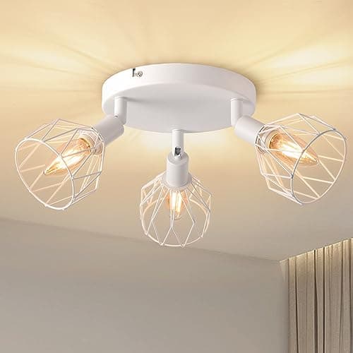 Image of ANWIO Ceiling Lights,SpotLights Ceiling Lights Metal Wire Cage,Kitchen Spotlights Ceiling,Adjustable Round 3 Way White Lounge Industrial Wall Lights with E14 Base,Light Fittings Ceilings