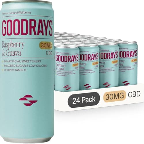 Image of Goodrays - 30mg CBD Drink - 24 x 250ml Cans - Raspberry & Guava - Natural Flavours, Low Calorie, Vegan - High Strength (30mg/can), All Natural - Reduce Stress & Unwind