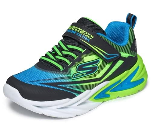 Image of Skechers Boy's Flex-Glow Ultra Sneakers, Black Synthetic/Blue & Lime Textile/Silve, 3 UK Child