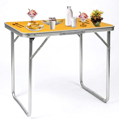 Image of Crystals Foldable Camping Table Portable Lightweight Aluminium Picnic Table - 4 People Compact Garden Table - (70W x 60H x 50D) cm - 50 lb Weight Capacity (Orange)