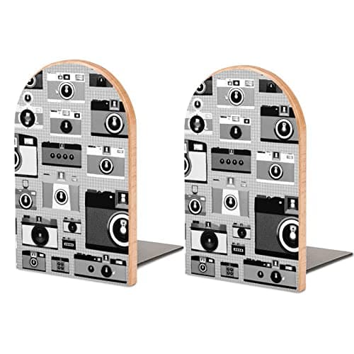 Image of Oyihfvs Various Cameras in Retro Vintage Black White Style 2 PCS Wood Book Ends, Book Shelf Holder Non-Slip Wooden Bookends Stand for Shelves Home Office Library Study Decor S
