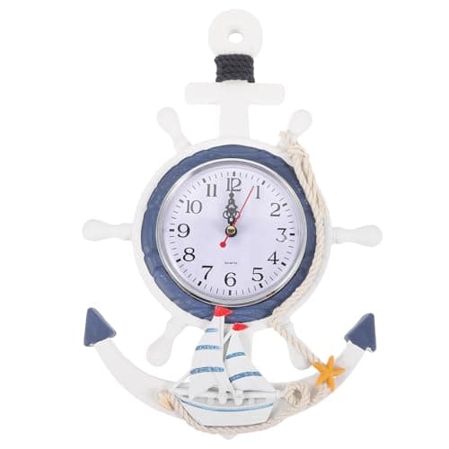 Image of IMIKEYA Mediterranean Style Anchor Clock, Outdoor ClocksNautical Anchor Ship Steering Wheel Fishing Net Wall Clock for Beach Sea Theme Decor