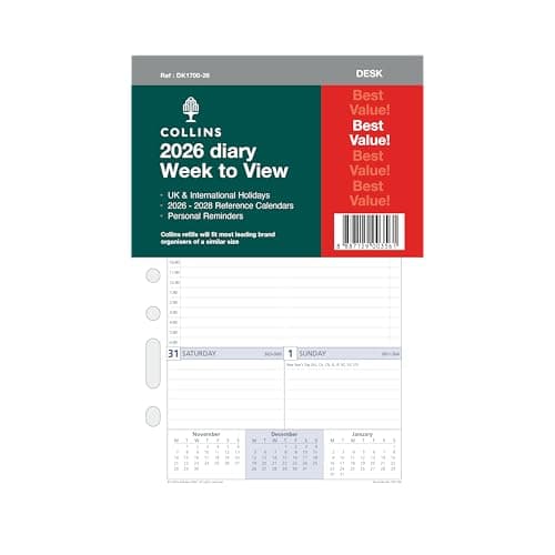 Image of Collins - DayPlanner Refills - 2026 12 Month Calendar Year Planner, Week-To-View with Appointments Desk Diary Refill (DK1700-26)