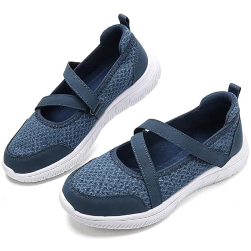 Image of Women's Mary Jane Shoes Hook and Loop Flats Memory Foam Arch Support Non Slip Orthopedic Shoes Ladies Trainers Comfort Lightweight Walking Shoes Navy UK 6