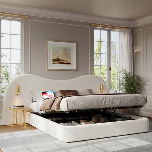 Image of Upholstered Bed Frame with Wide Headboard & Hydraulic Lift, 6ft Super King Size Bed Frame with Reading Light & USB Charging Port, Boucle Functional Ottoman Storage Beds with Slats, White, No Mattress