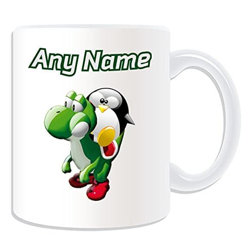 Image of Personalised Gift - Yoshi Riding Mug (Penguin Video Game Character Costume Design White) Name Message Unique Silly Funny Novelty Superhero Computer RPG Jumpman Luigi Mario Plumber Dinosaur Dragon