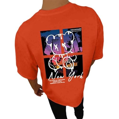 Image of Gefomuofe Oversized T-Shirt Men's Crew Neck Short Sleeve Loose Summer Tops with Back Print Vintage Print Streetwear Sport Wide Cut Long Tee Basic T Shirts, orange, L